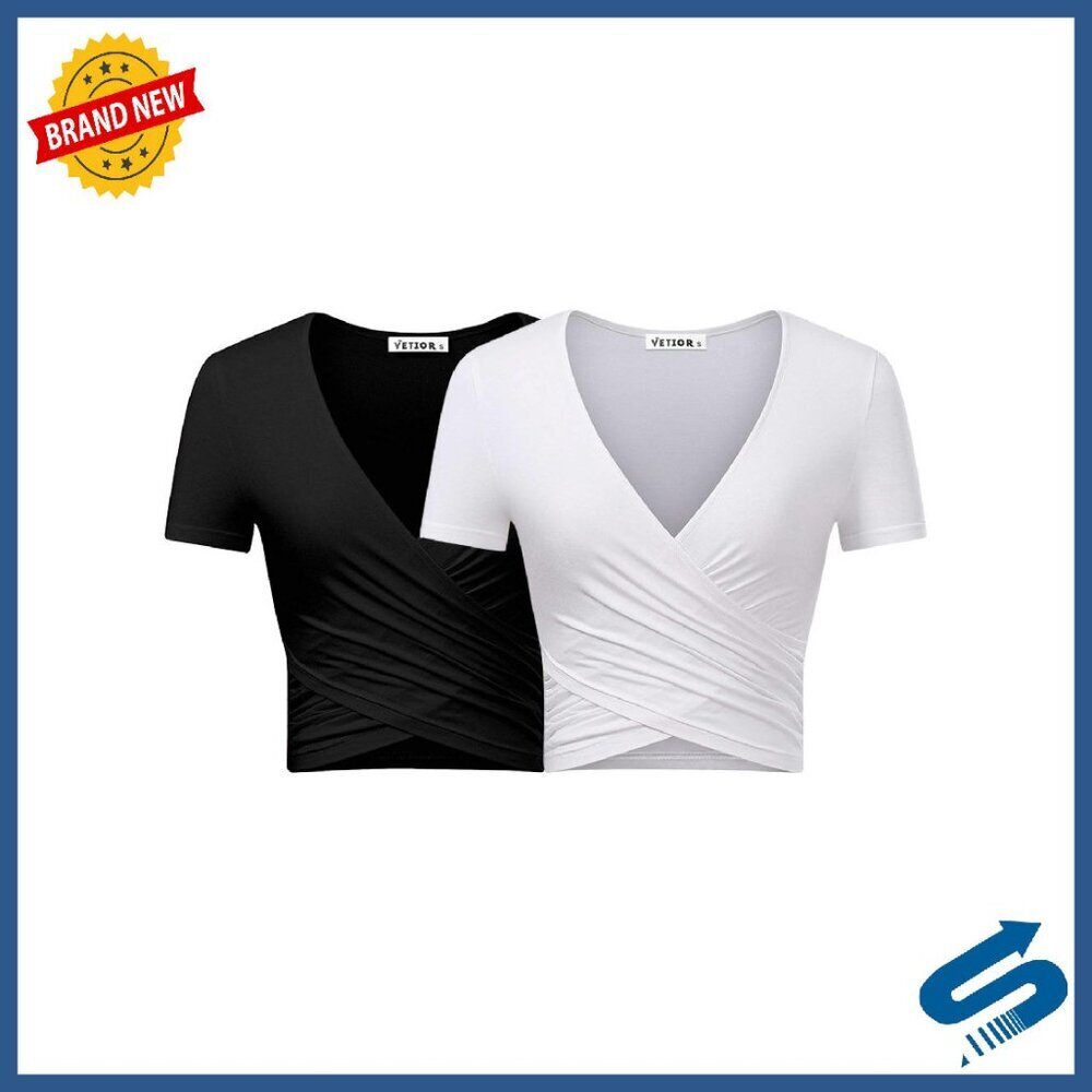 Sexy Deep V Neck Cross Wrap Crop Top - Slim Fit Short Sleeve